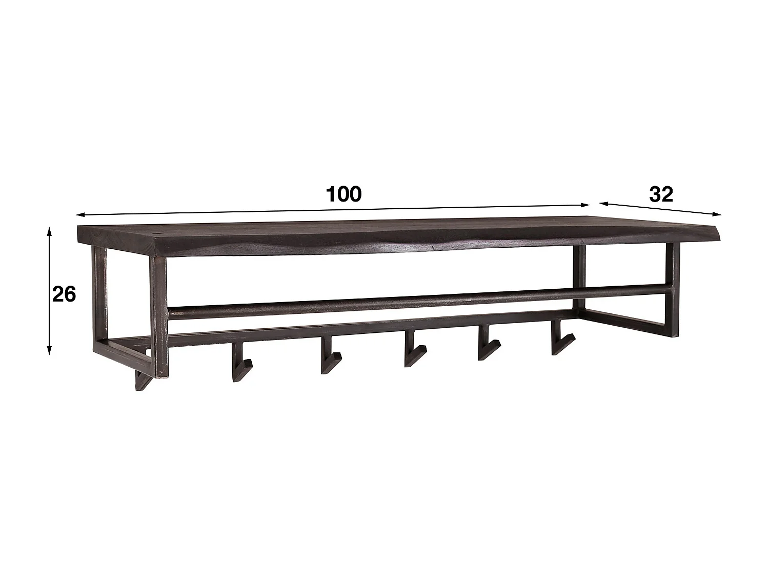 Garderobenständer Yucon - 6 Haken - Hutablage - Akazienholz massiv - schwarz - 100x30x27