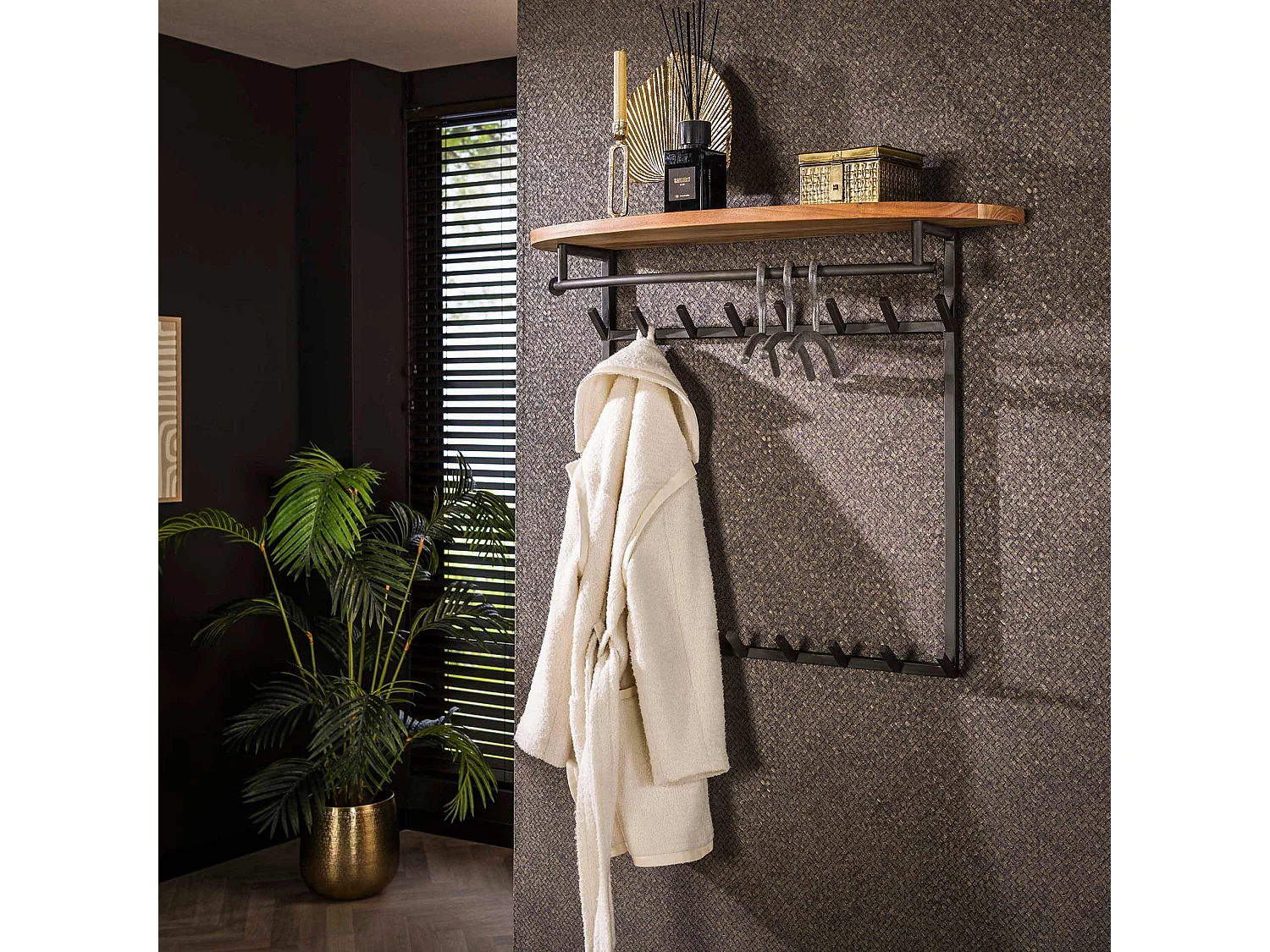 Porte-manteau rond 16 crochets et étagère à chapeaux - Acacia massif