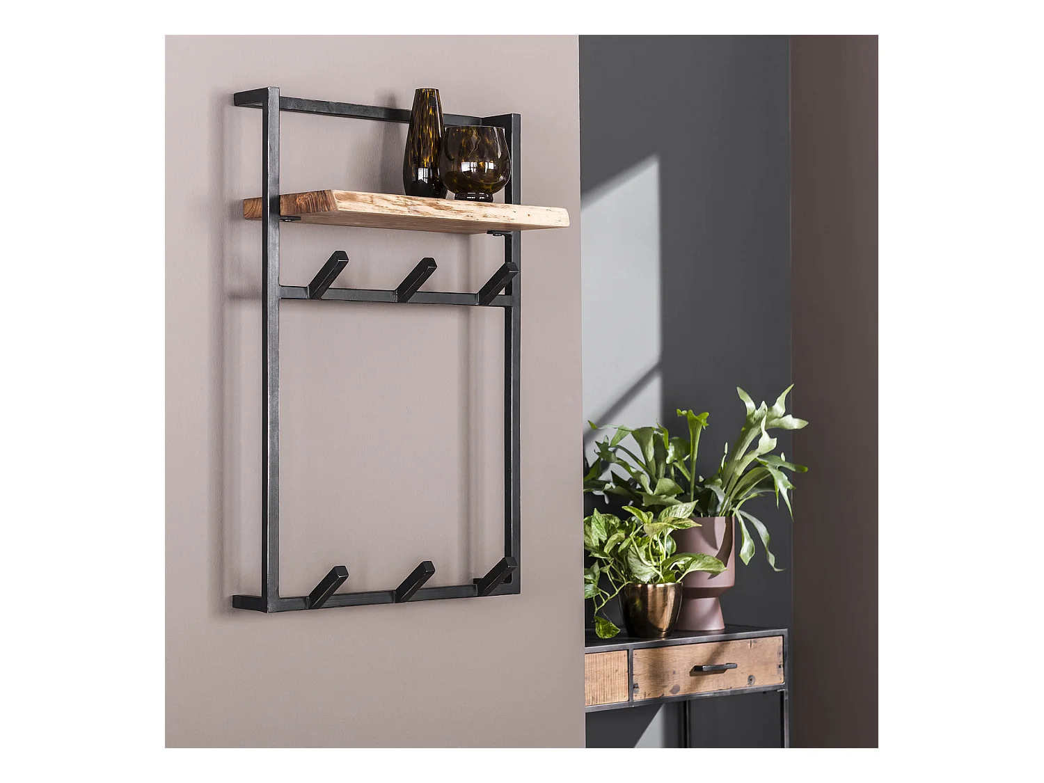 Kapstok Air Solid Hoog - 6 Haken - Hoedenplank - Massief Acaciahout - 80x51x30