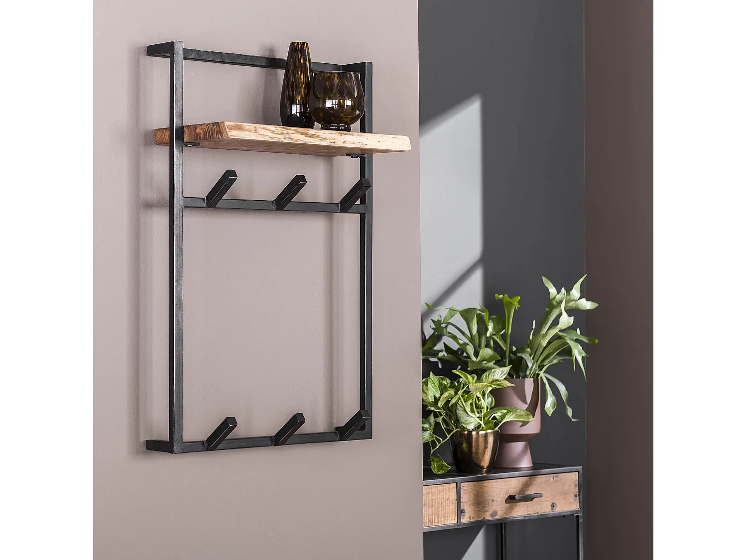 Porte-manteau Air Solid High - 6 patères - Étagère à chapeaux - Bois d'acacia massif - 80x51x30