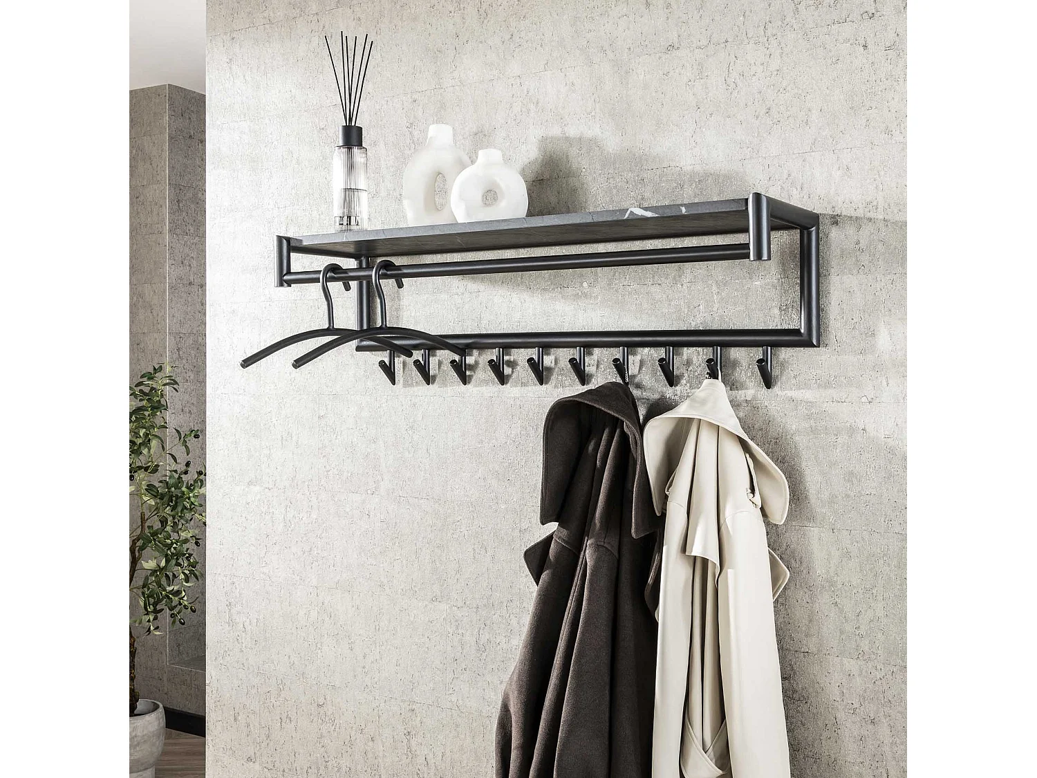 Kapstok 10 Haaks Roede-hoedenplank - 3D Zwart Bruin