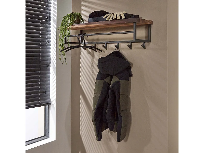 Garderobenständer Daytona mit 6 Haken - Hutablage - Massives Saja-Holz - Braun - 100x30x27