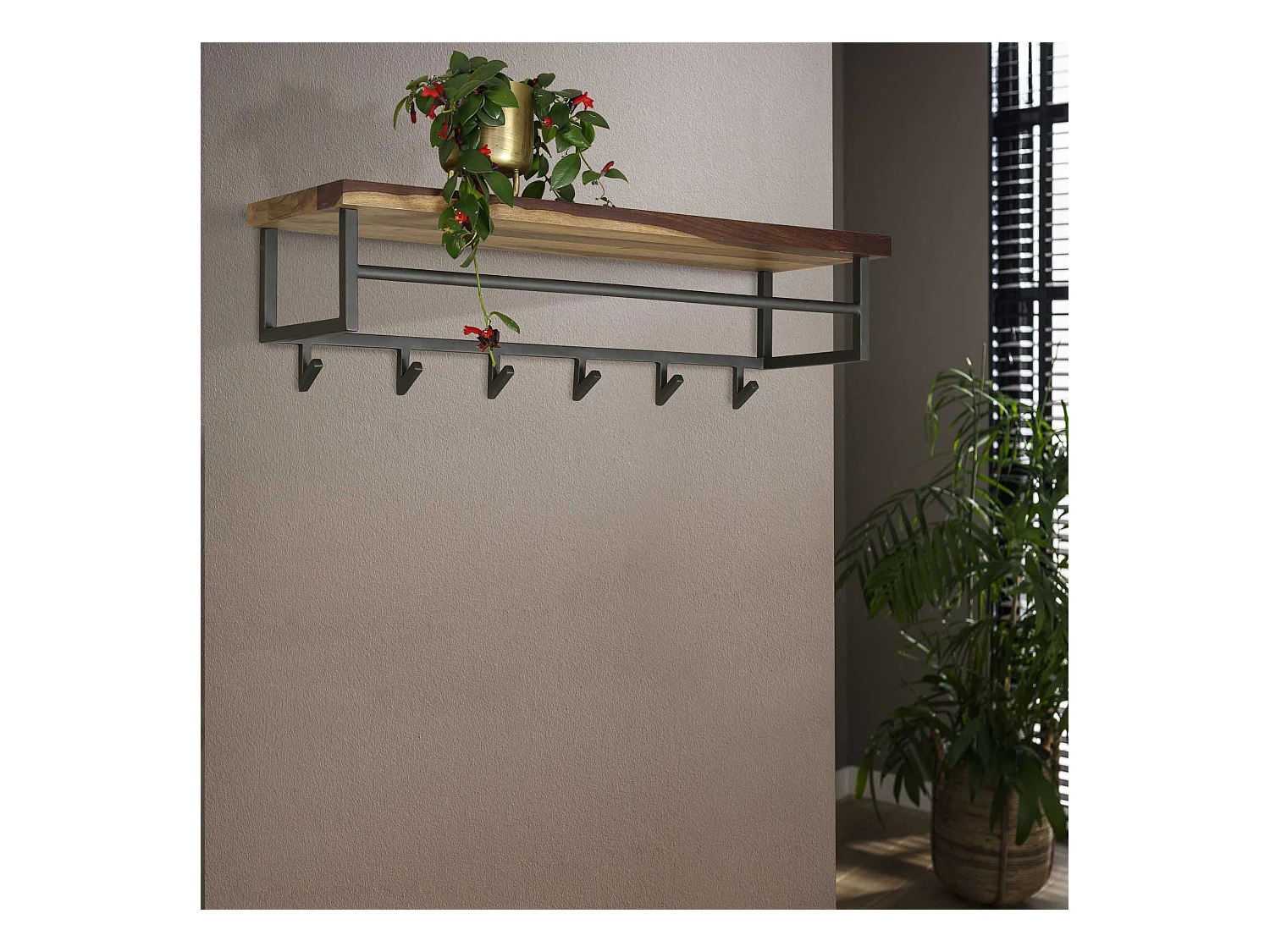 Garderobenständer Daytona mit 6 Haken - Hutablage - Massives Saja-Holz - Braun - 100x30x27