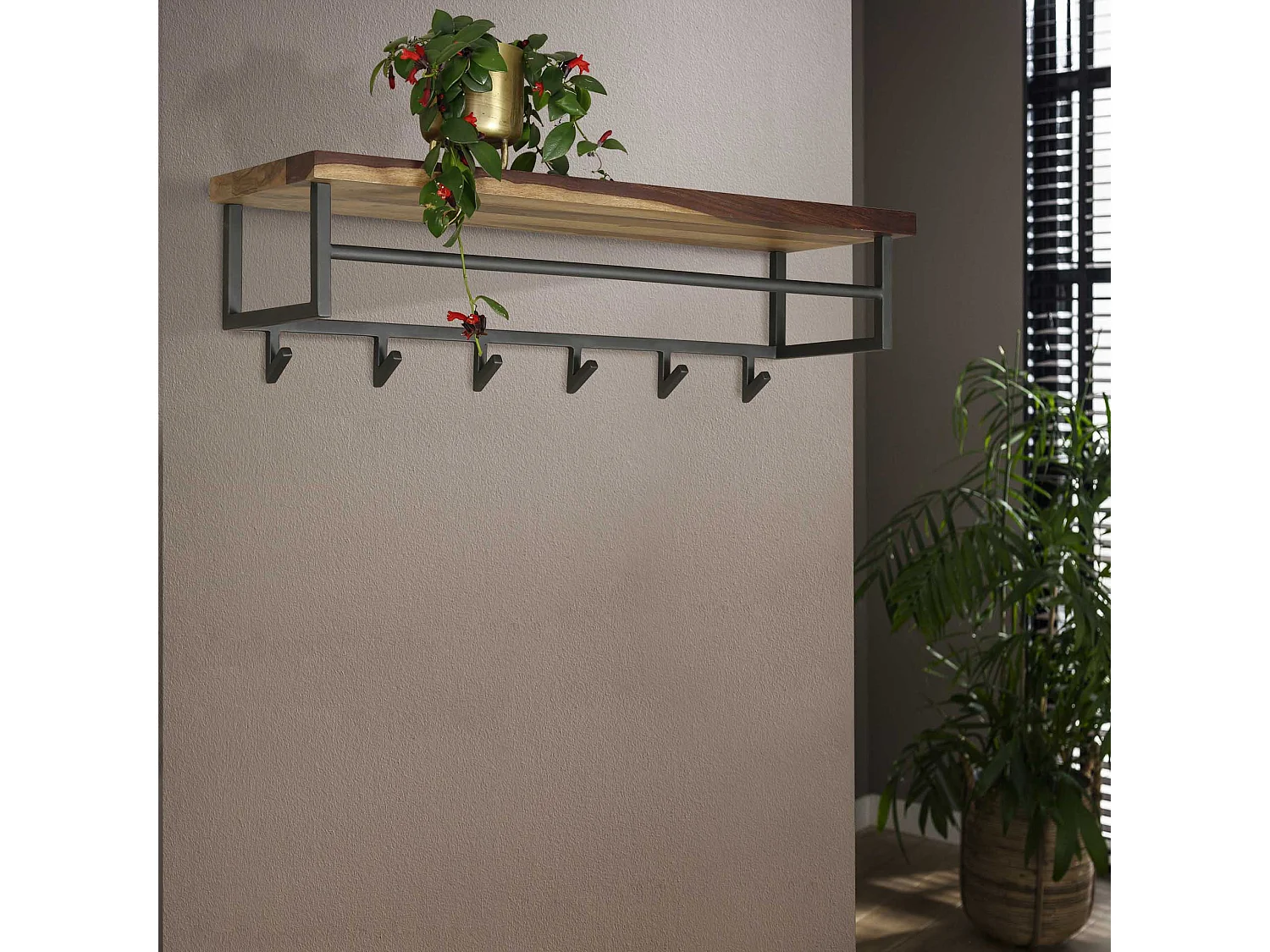 Porte-manteau Daytona avec 6 crochets - Étagère à chapeaux - Bois massif Saja - Marron - 100x30x27