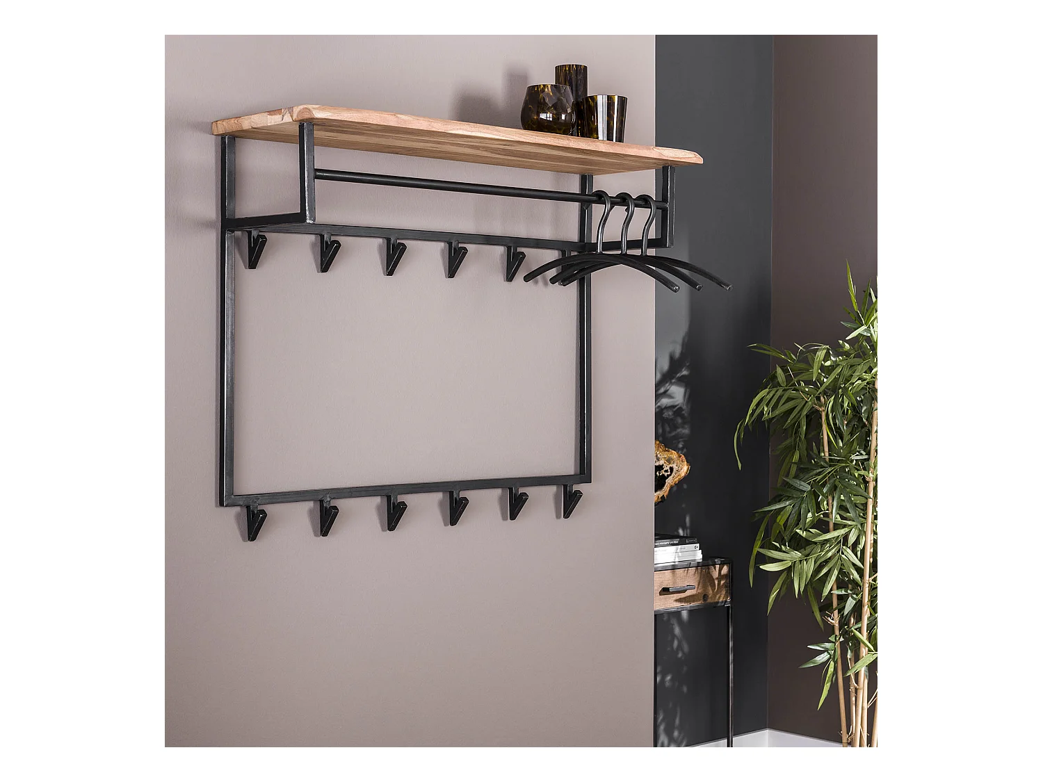 Garderobenständer Edge High - 12 Haken - Hutablage - Massives Akazienholz - 100x33x80