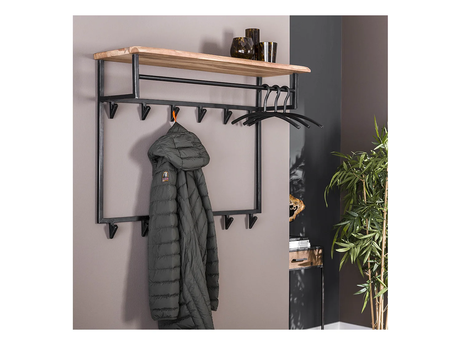 Porte-manteau Edge High - 12 patères - Étagère à chapeaux - Bois d'acacia massif - 100x33x80