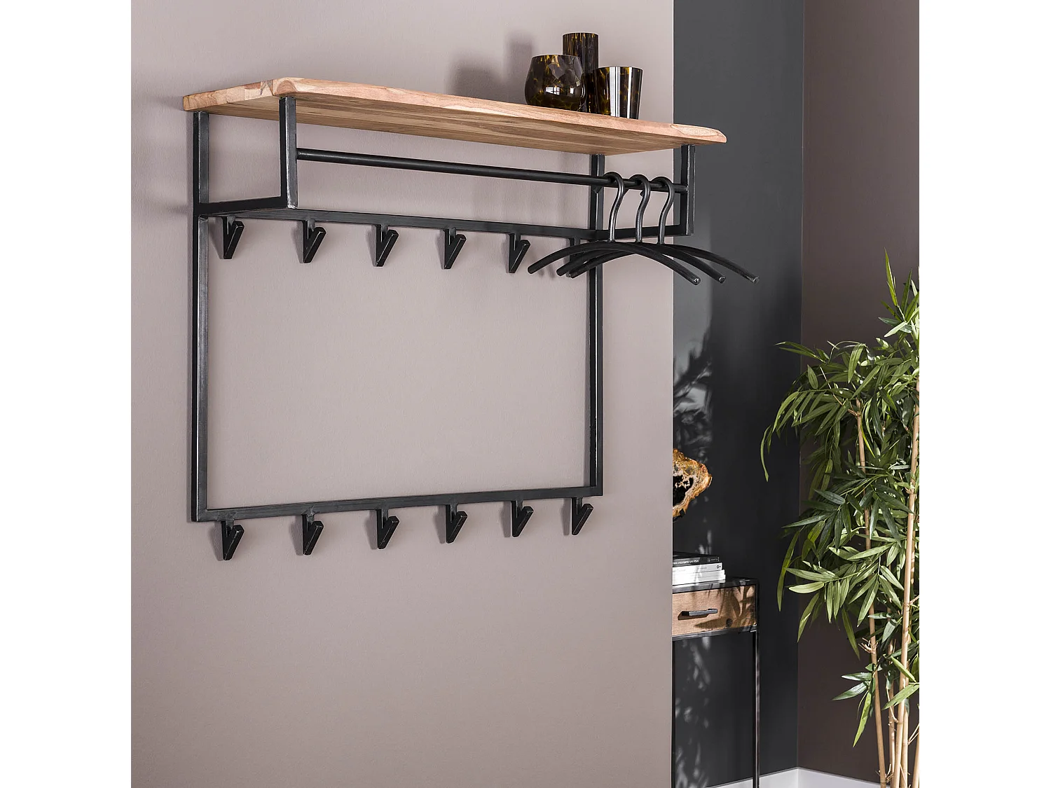 Garderobenständer Edge High - 12 Haken - Hutablage - Massives Akazienholz - 100x33x80