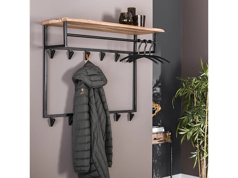 Porte-manteau Edge High - 12 patères - Étagère à chapeaux - Bois d'acacia massif - 100x33x80