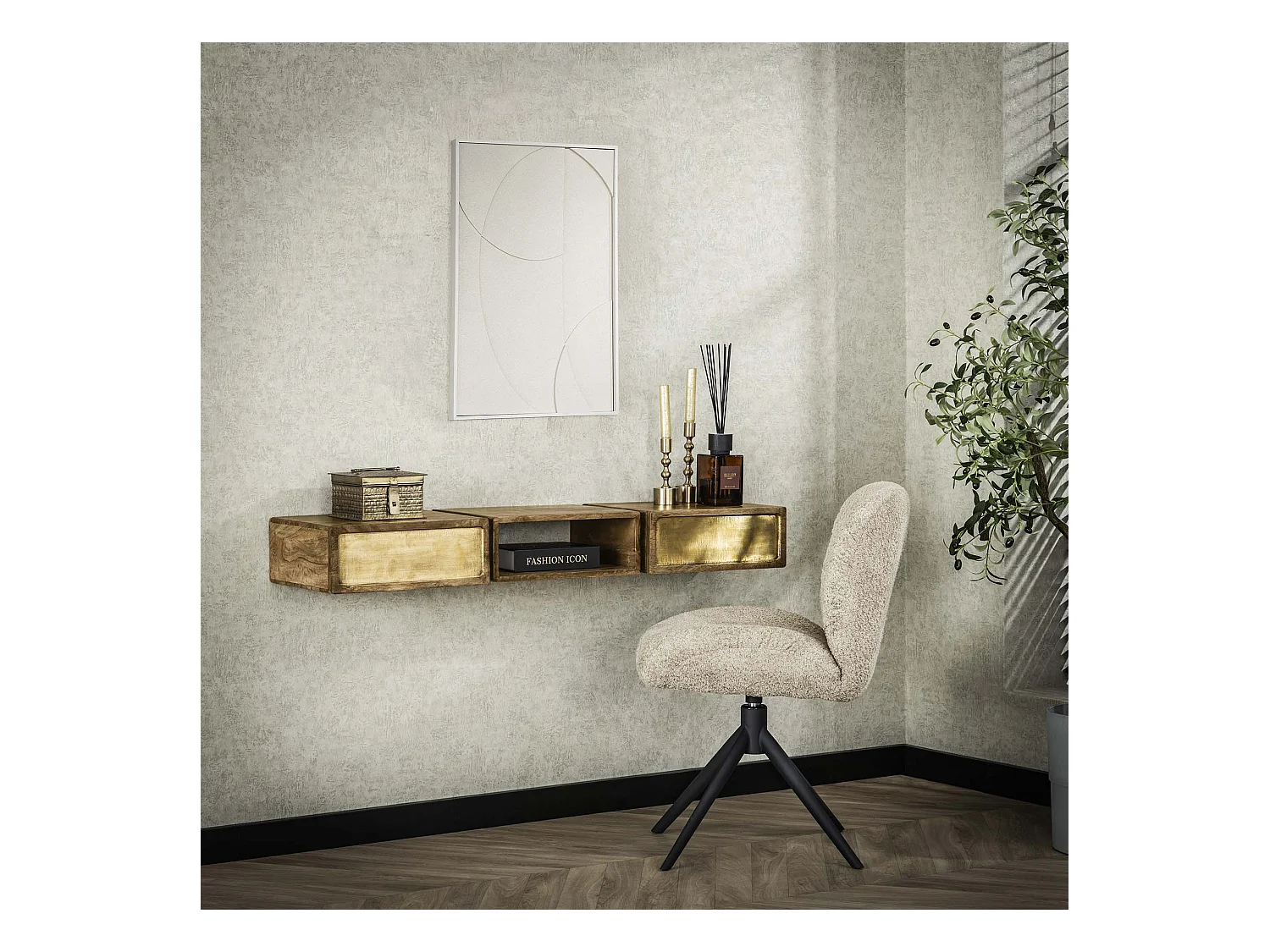 Coiffeuse en laiton - Manguier massif noir - 123 cm de large