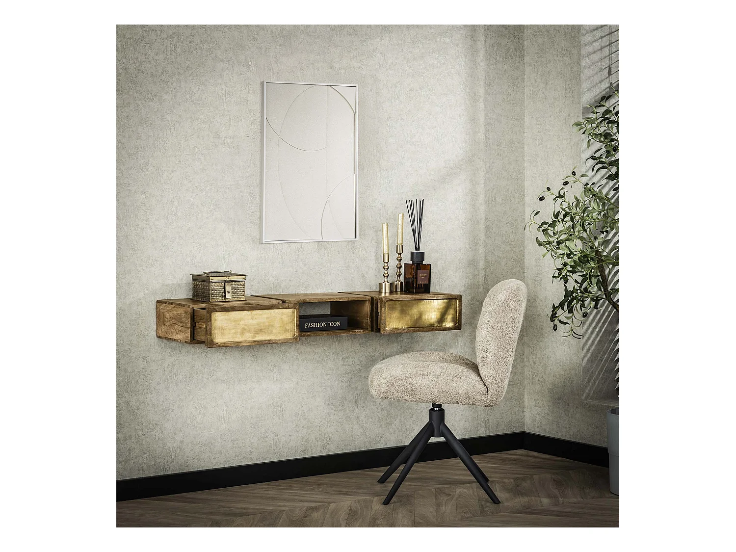 Coiffeuse en laiton - Manguier massif noir - 123 cm de large