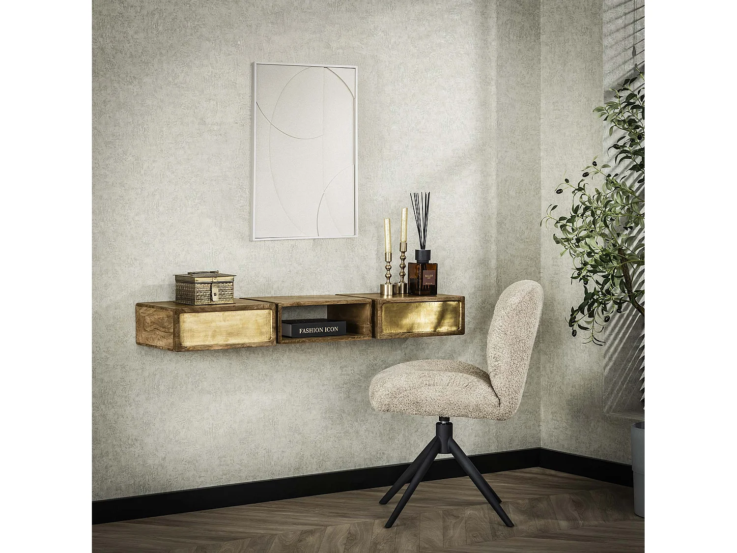 Coiffeuse en laiton - Manguier massif noir - 123 cm de large