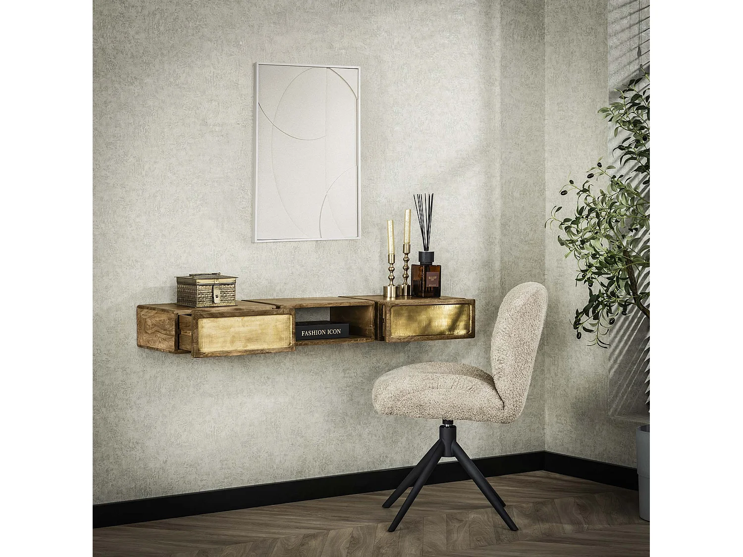 Coiffeuse en laiton - Manguier massif noir - 123 cm de large