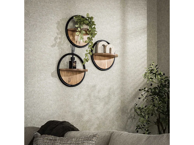 Wandschap Rond Set-3 - Massief Acacia Naturel