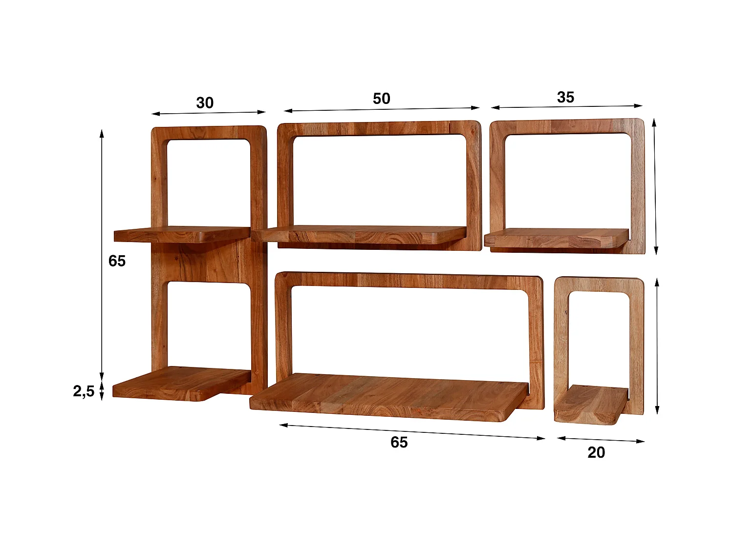 Wandschap Curvy - Massief Acacia Naturel - Set van 5