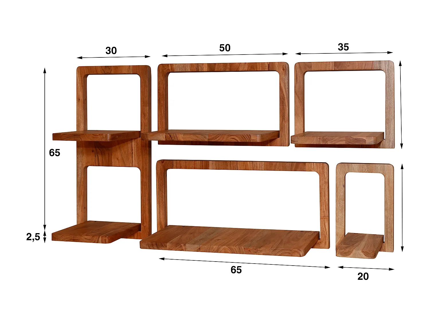 Wandschap Curvy - Massief Acacia Naturel - Set van 5