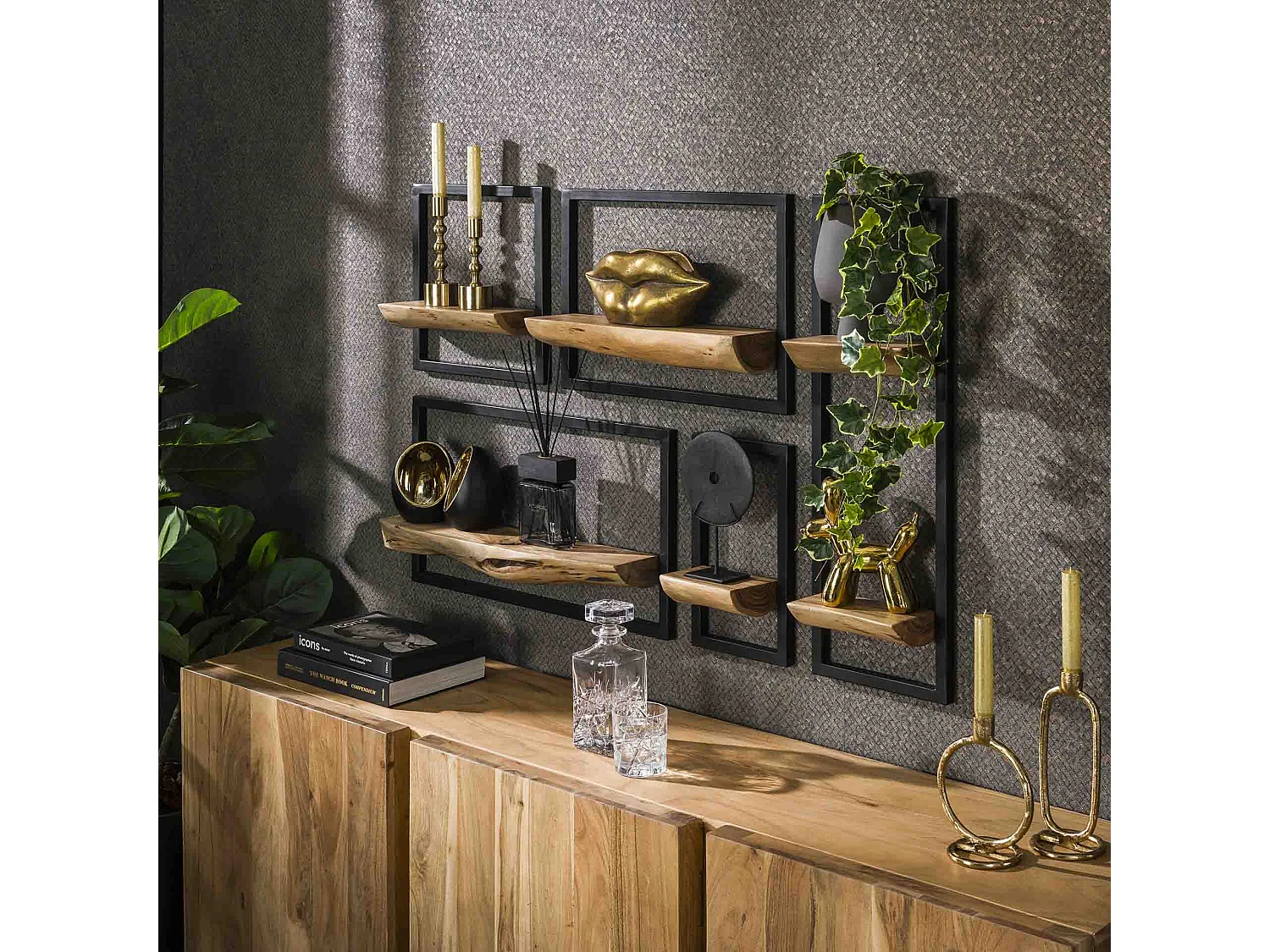 Wandschap Set Edge - Massief Acacia Naturel - Set van 5