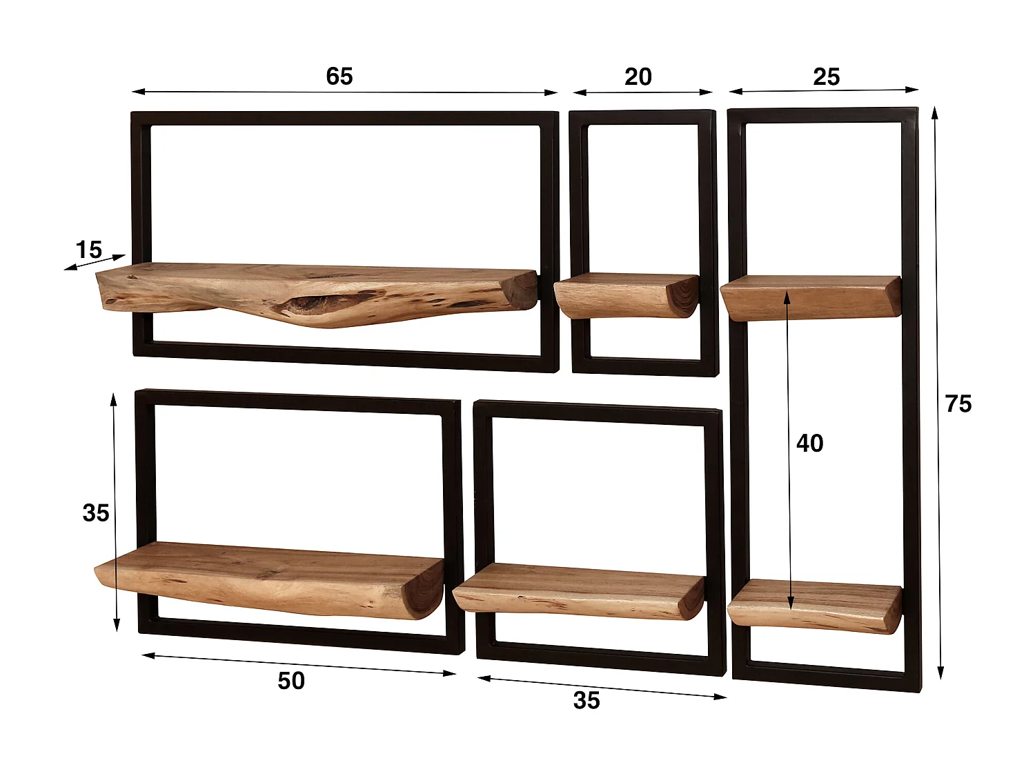 Wandschap Set Edge - Massief Acacia Naturel - Set van 5