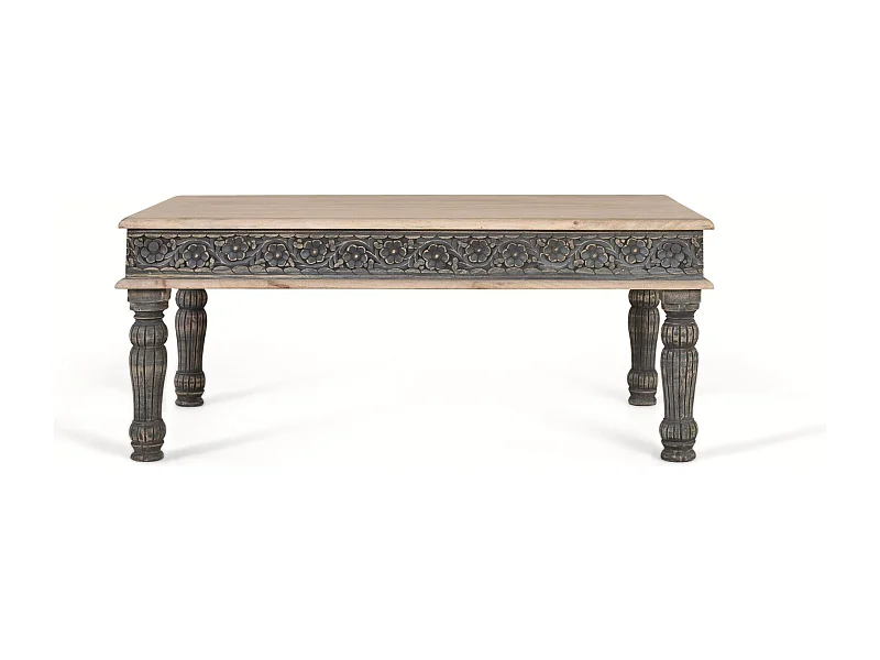 Stolik kawowy z drewna mango z żelazną podstawą, ręcznie robiony