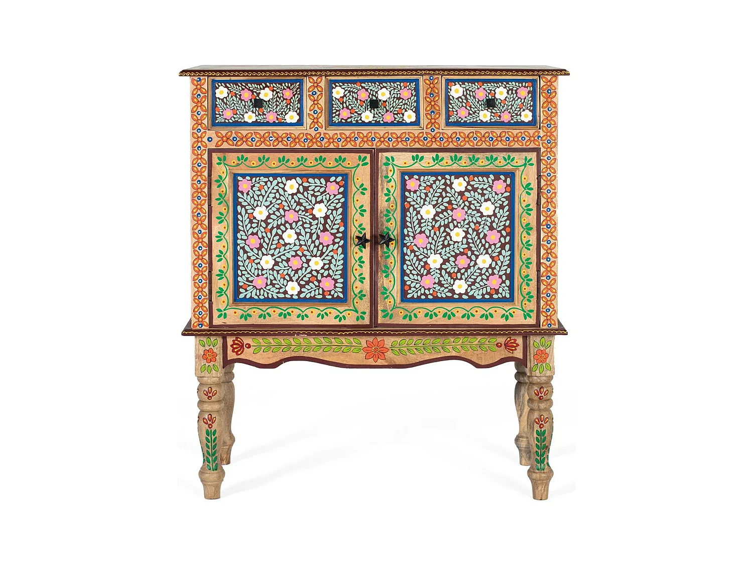 Mangohouten hal met handbeschilderde deur