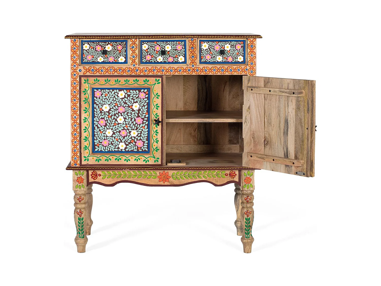 Mangohouten hal met handbeschilderde deur