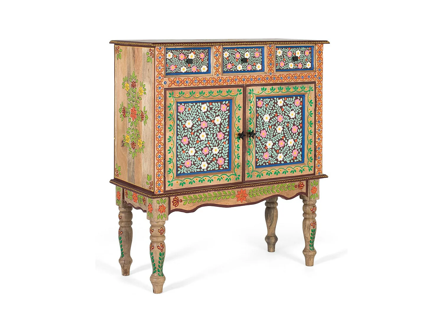 Mangohouten hal met handbeschilderde deur