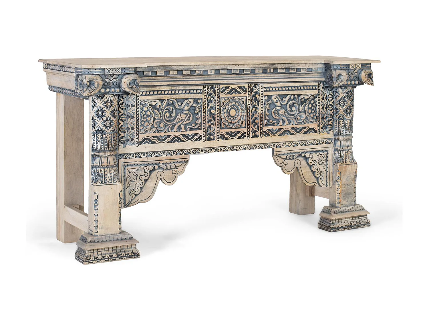 Hall d'entrée en bois de manguier avec colonnes sculptées à la main