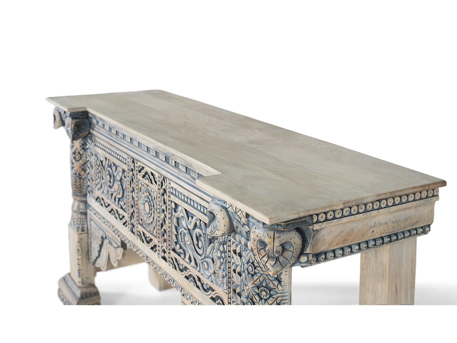 Hall d'entrée en bois de manguier avec colonnes sculptées à la main