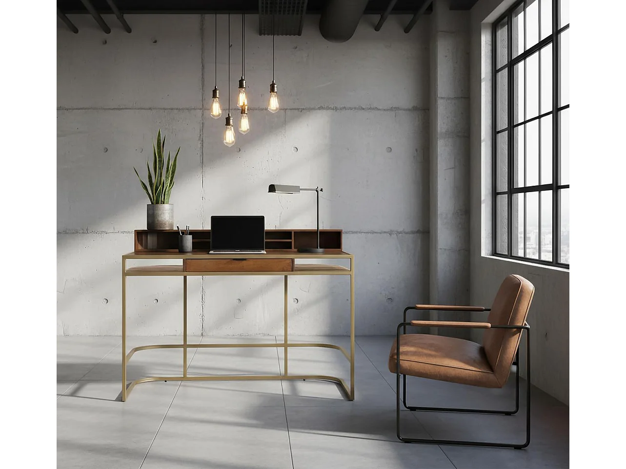 Bureau artisanal en bois de manguier avec structure dorée