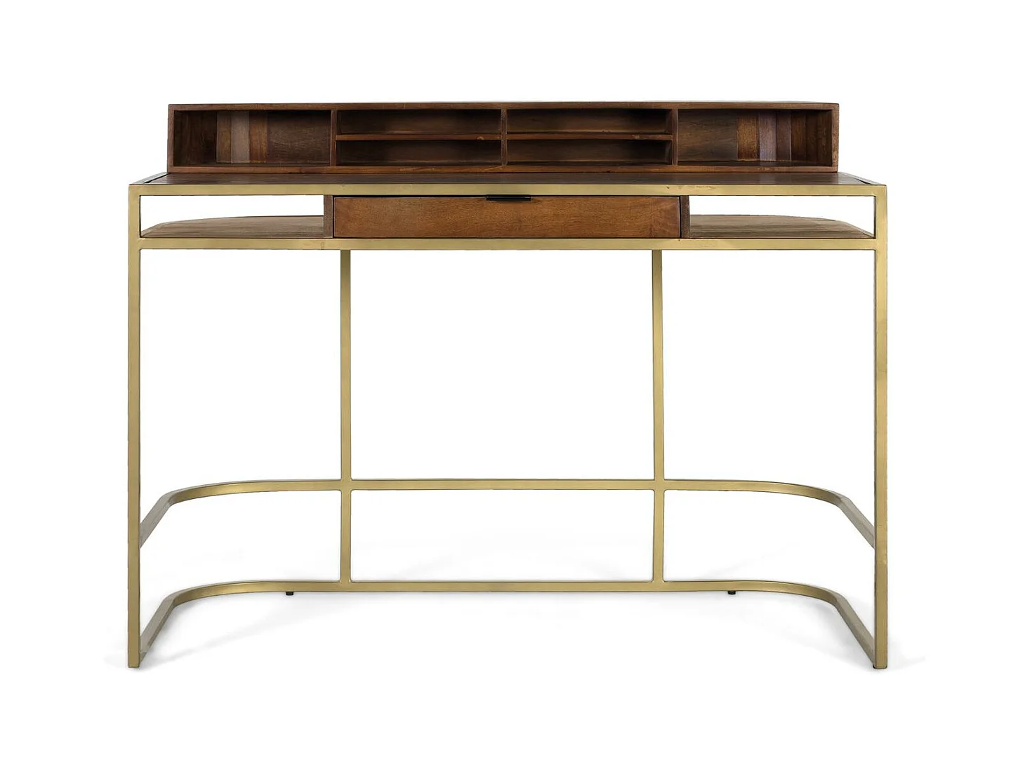 Bureau artisanal en bois de manguier avec structure dorée