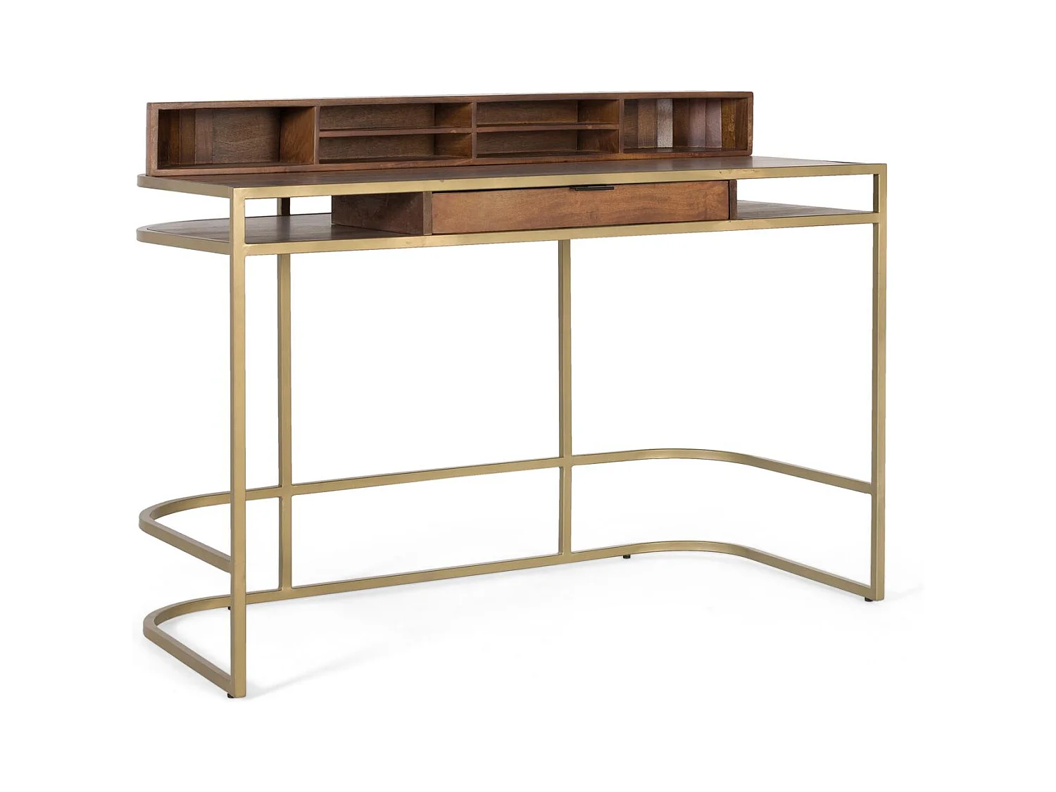 Bureau artisanal en bois de manguier avec structure dorée