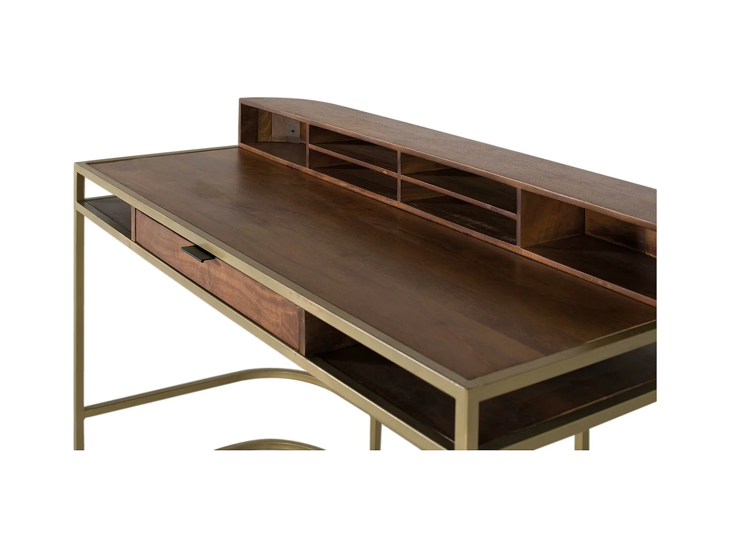 Bureau artisanal en bois de manguier avec structure dorée