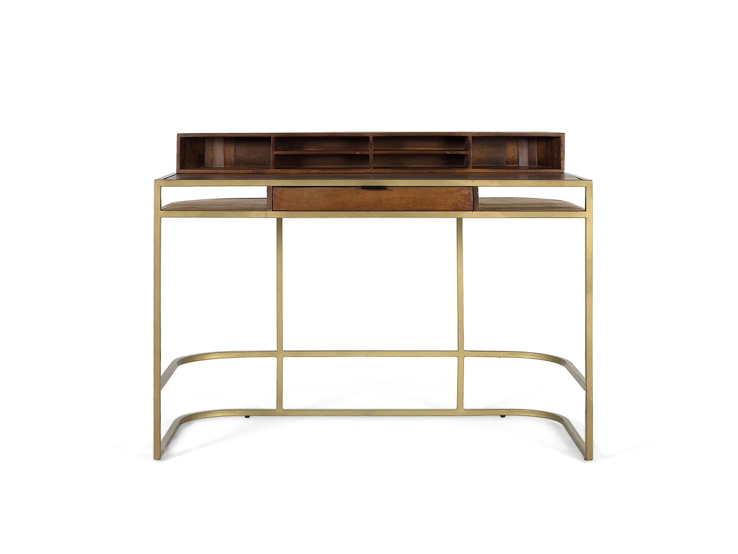 Bureau artisanal en bois de manguier avec structure dorée