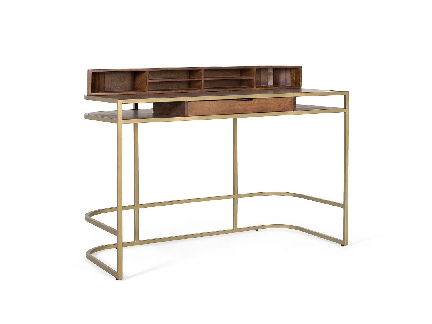 Bureau artisanal en bois de manguier avec structure dorée