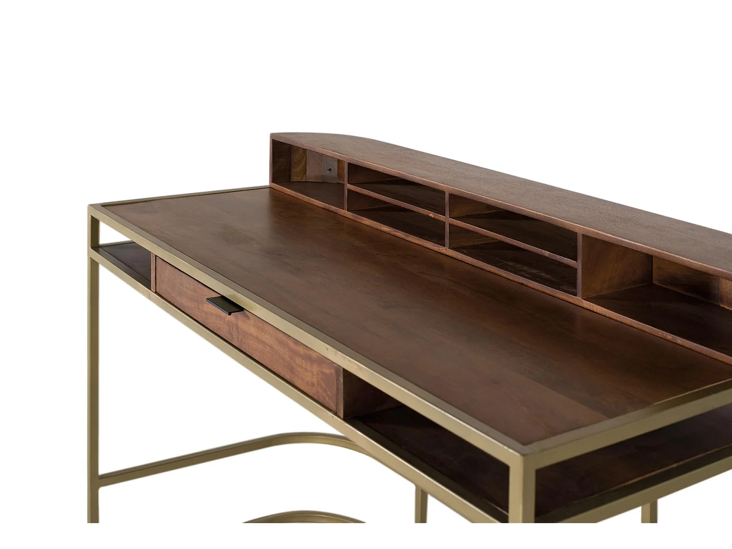Bureau artisanal en bois de manguier avec structure dorée