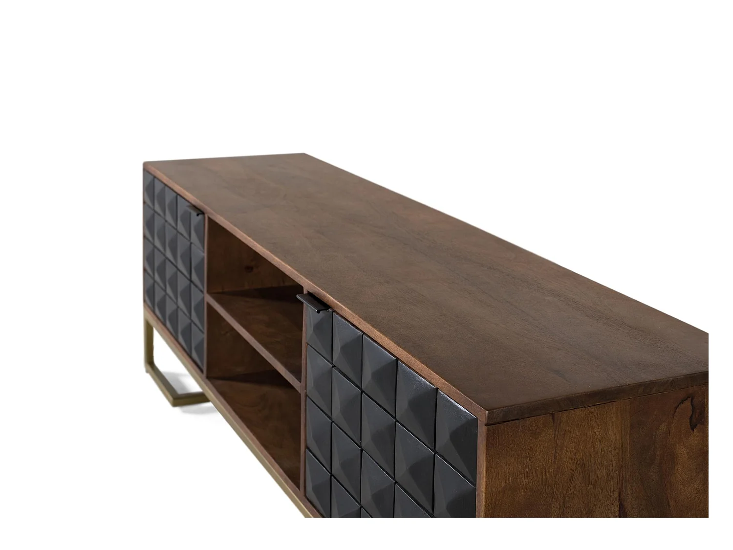 Móvel de TV feito à mão em madeira de manga com pés dourados, 150 cm