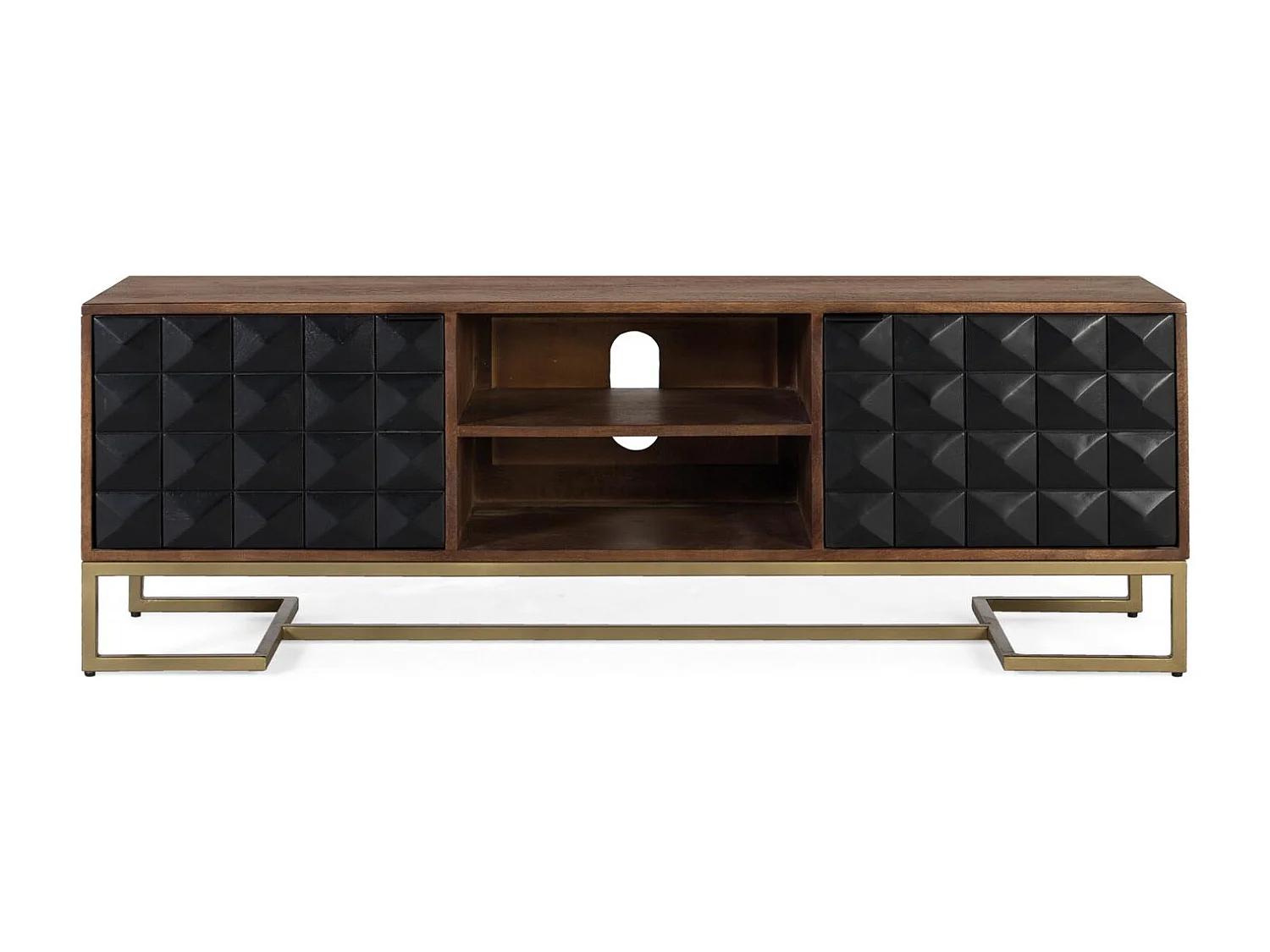 Meuble TV fait main en bois de manguier avec pieds dorés, 150 cm