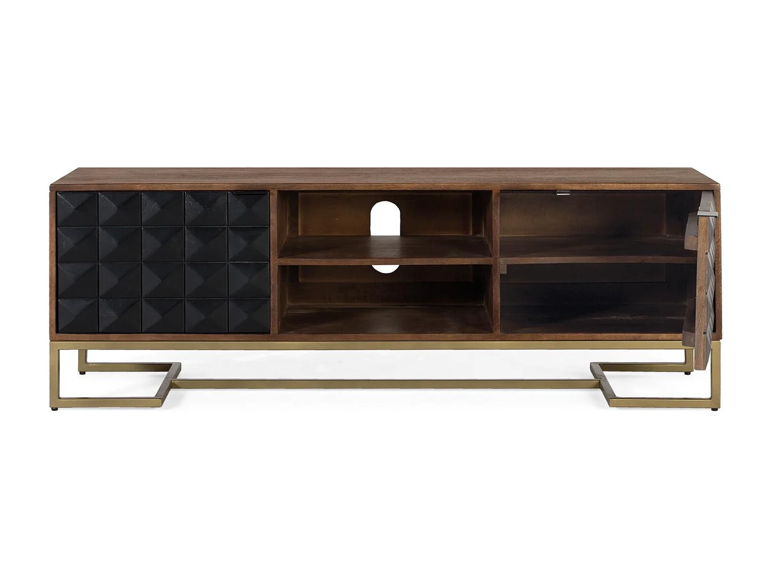 Meuble TV fait main en bois de manguier avec pieds dorés, 150 cm