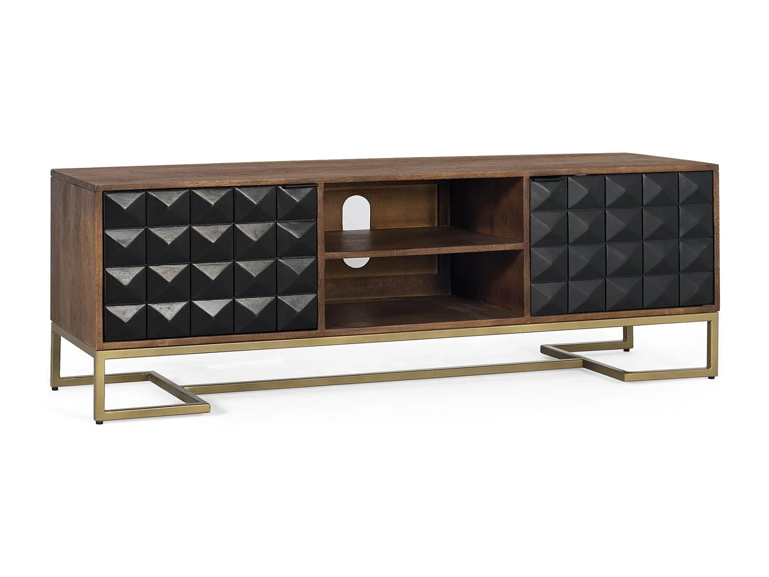 Meuble TV fait main en bois de manguier avec pieds dorés, 150 cm