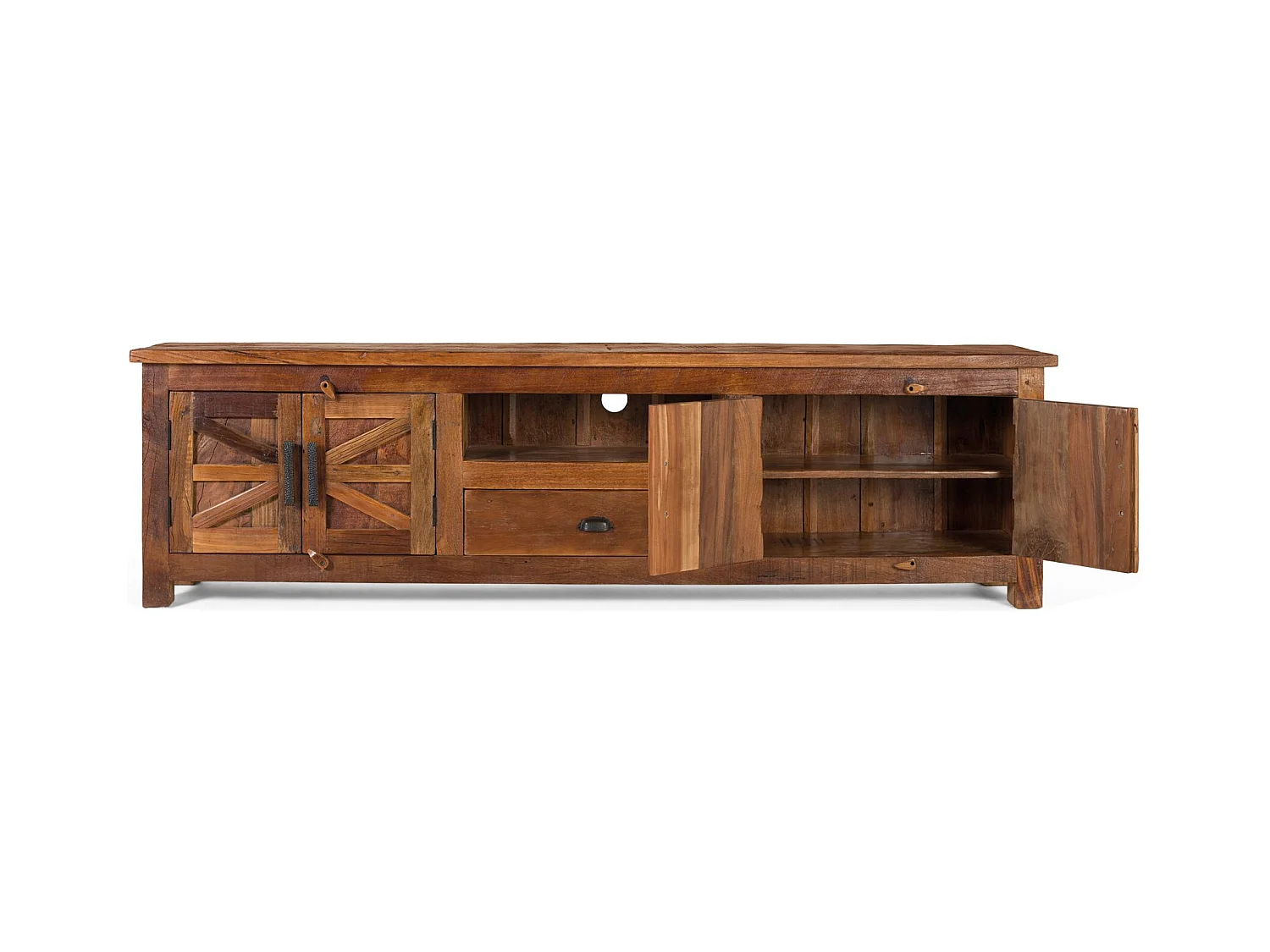 Móvel de TV com 2 portas, 1 gaveta e um nicho feito de madeira reciclada