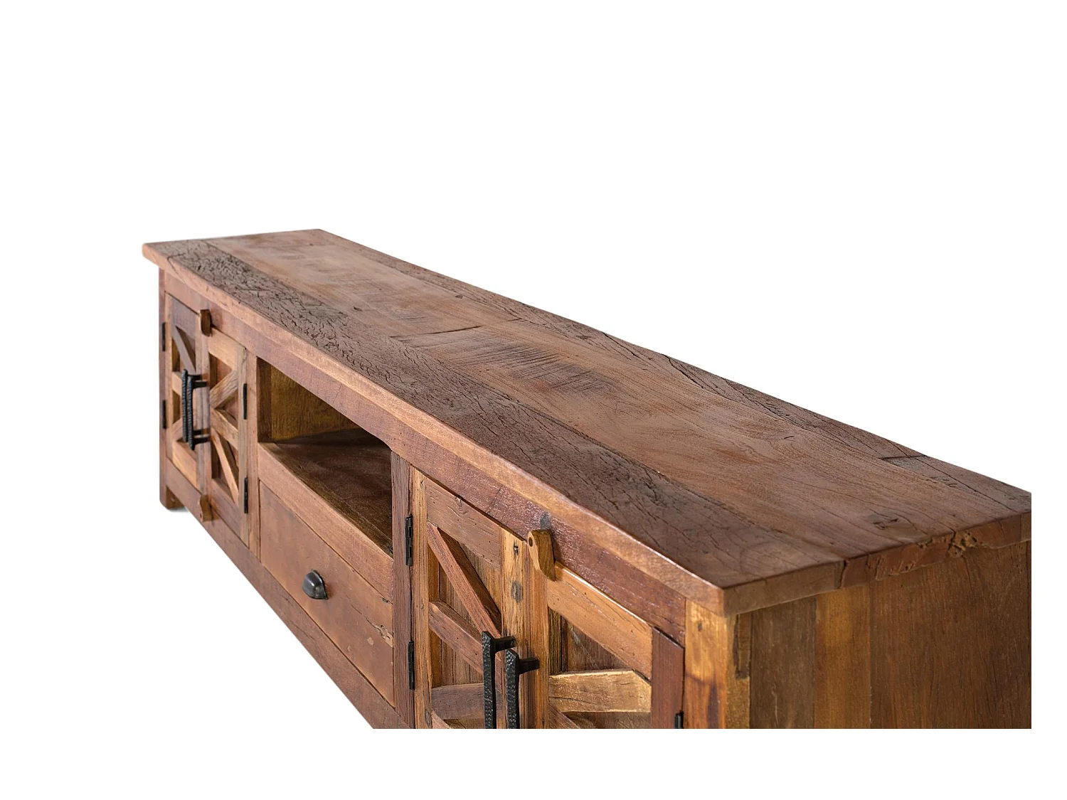 Móvel de TV com 2 portas, 1 gaveta e um nicho feito de madeira reciclada