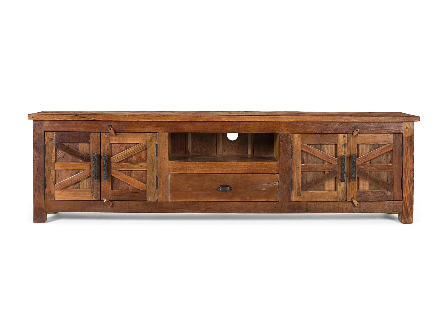 Meuble TV avec 2 portes, 1 tiroir et une niche en bois recyclé