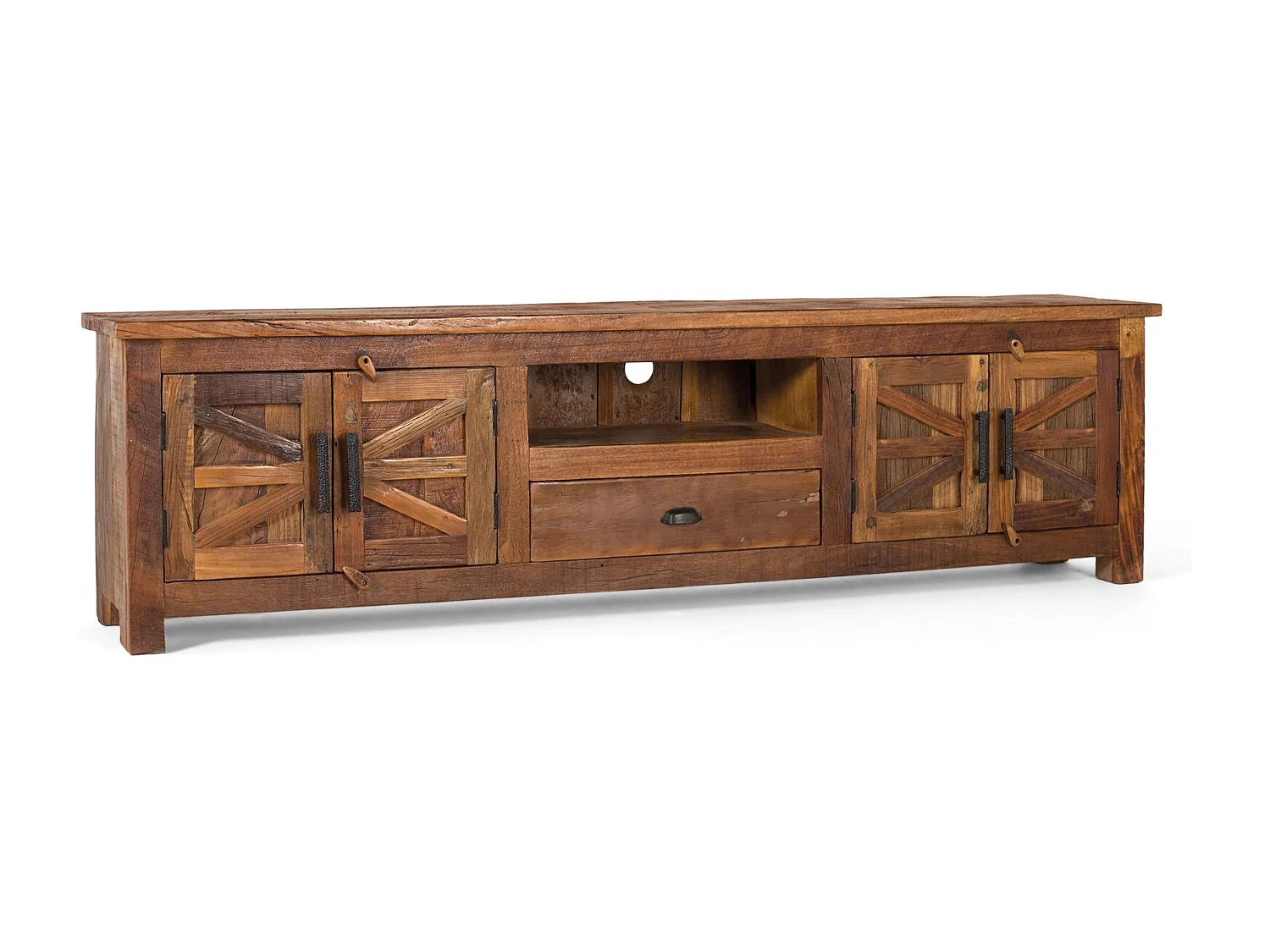 Meuble TV avec 2 portes, 1 tiroir et une niche en bois recyclé