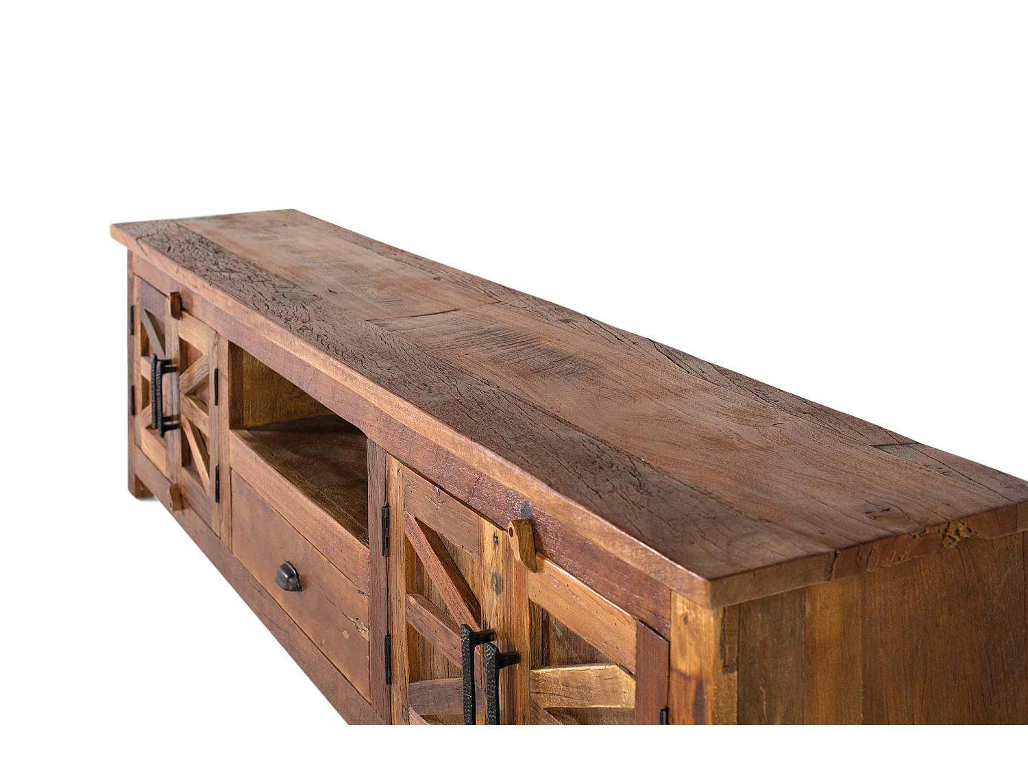 Meuble TV avec 2 portes, 1 tiroir et une niche en bois recyclé