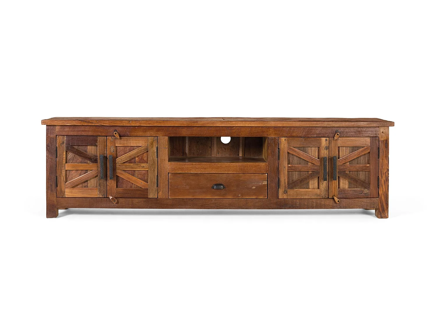 TV-bord med 2 låger, 1 skuffe og en niche lavet af genbrugstræ