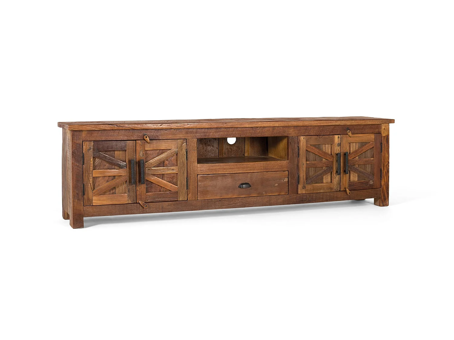 Meuble TV en bois recyclé 220 cm, style rustique moderne - 60 x 220 x 40 cm