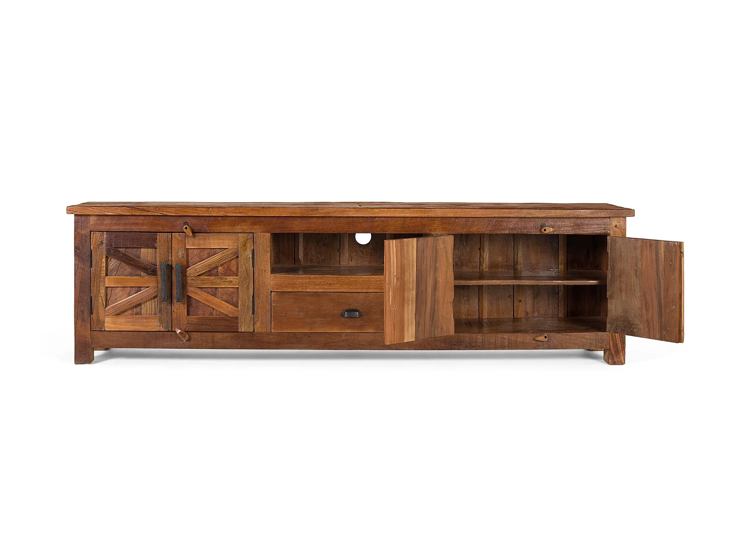 Meuble TV en bois recyclé 220 cm, style rustique moderne - 60 x 220 x 40 cm