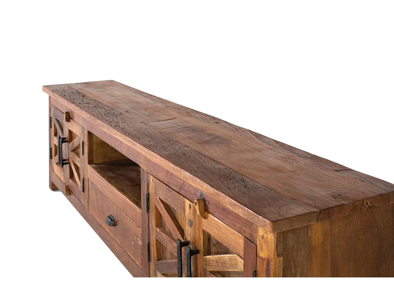 Meuble TV en bois recyclé 220 cm, style rustique moderne - 60 x 220 x 40 cm
