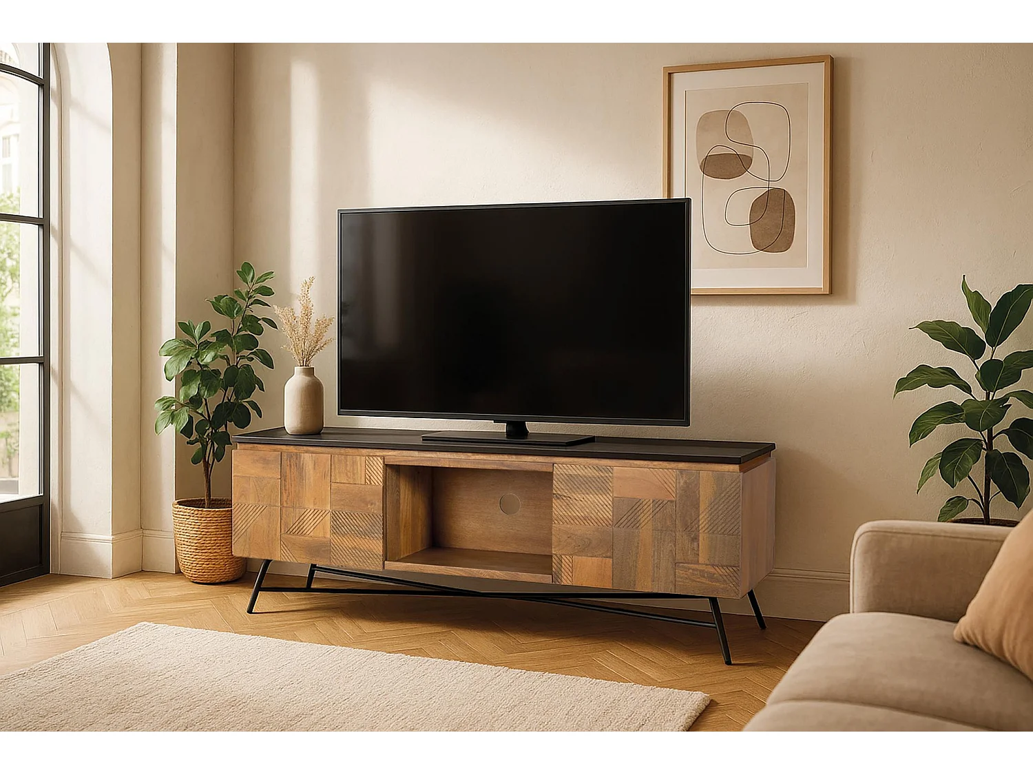 Tv-meubel van mangohout, 150 cm, retro-moderne stijl - 55x150x40