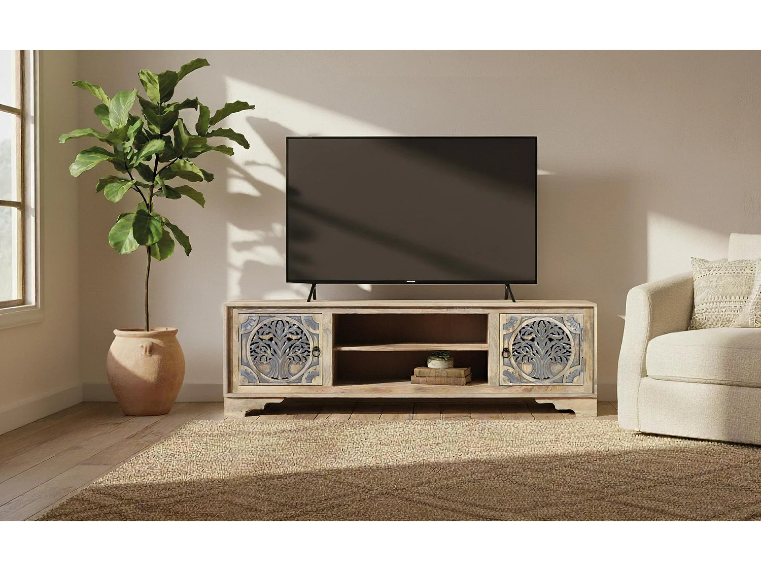 Meuble TV avec 2 portes et 2 compartiments en bois de manguier