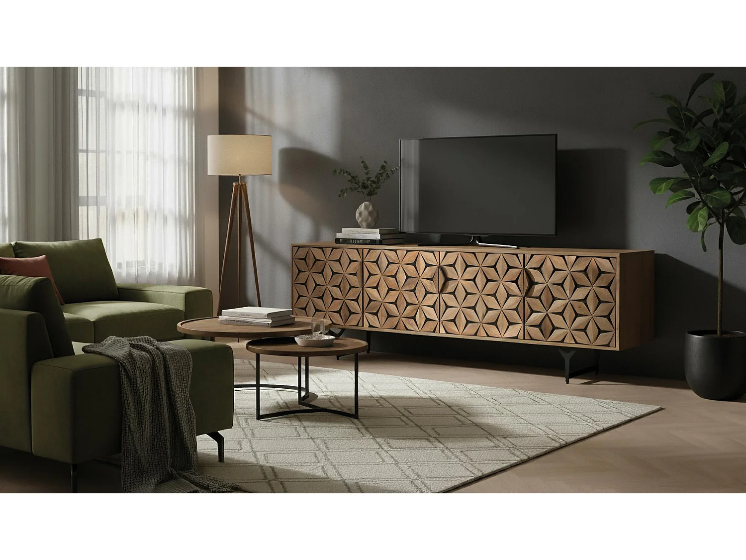 Meuble TV en bois de manguier fait main avec 4 portes, 177 cm